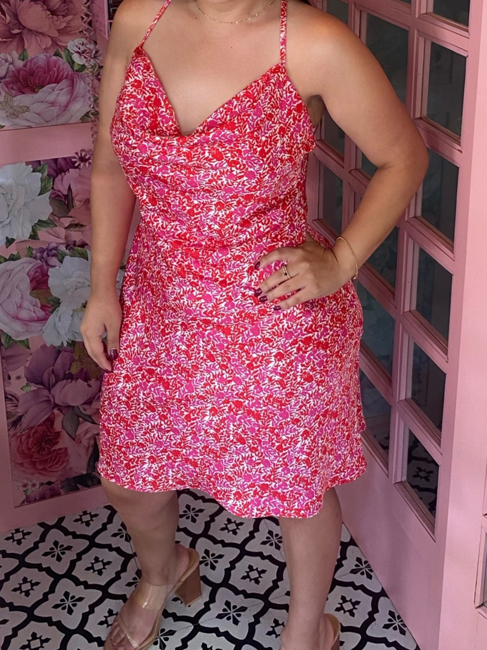 Vici Pink & White Floral Cowl Neck Midi Dress